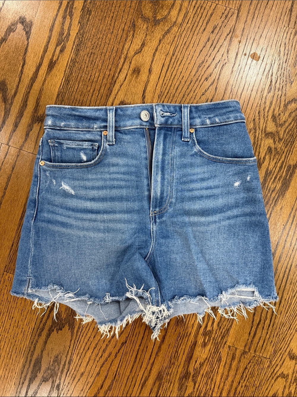 PAIGE Medium Blue Distressed High-Rise Frayed Hem Jean Shorts